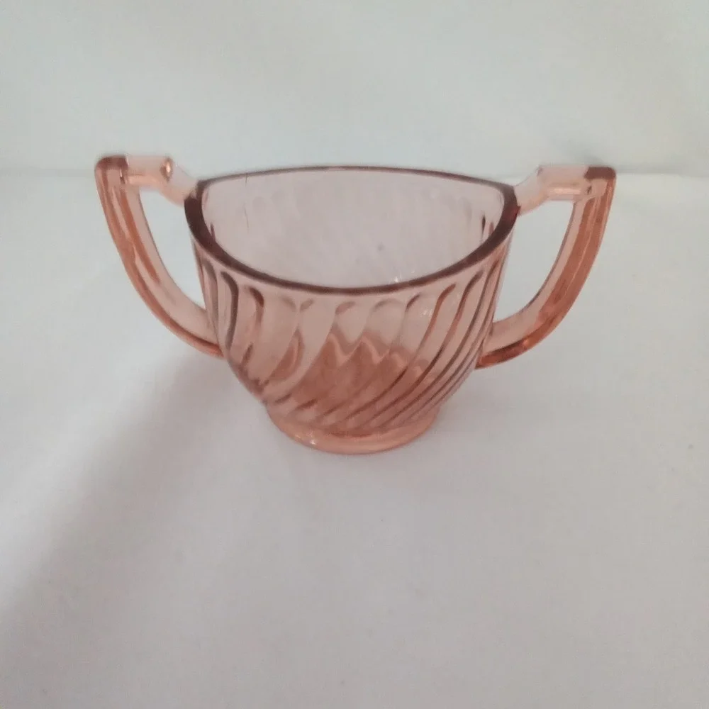 Vintage Pink Depression Glass Swirl Pattern Double Handled Sugar Bowl 4.5 Inch